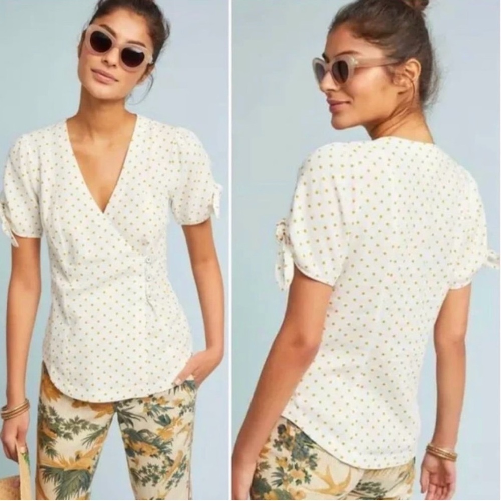 Anthro Maeve Yellow Polka Dot Louise Wrap Tie Sleeve, EUC